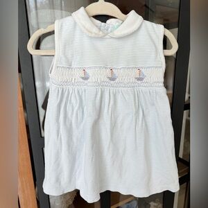 Smocked sailboats dress pima cotton sleeveless peterpan collar baby girl striped